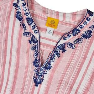 Ruby Rd Woman Embroidered Pink Striped Tunic Top 3X V-Neck Boho Peasant Artisan